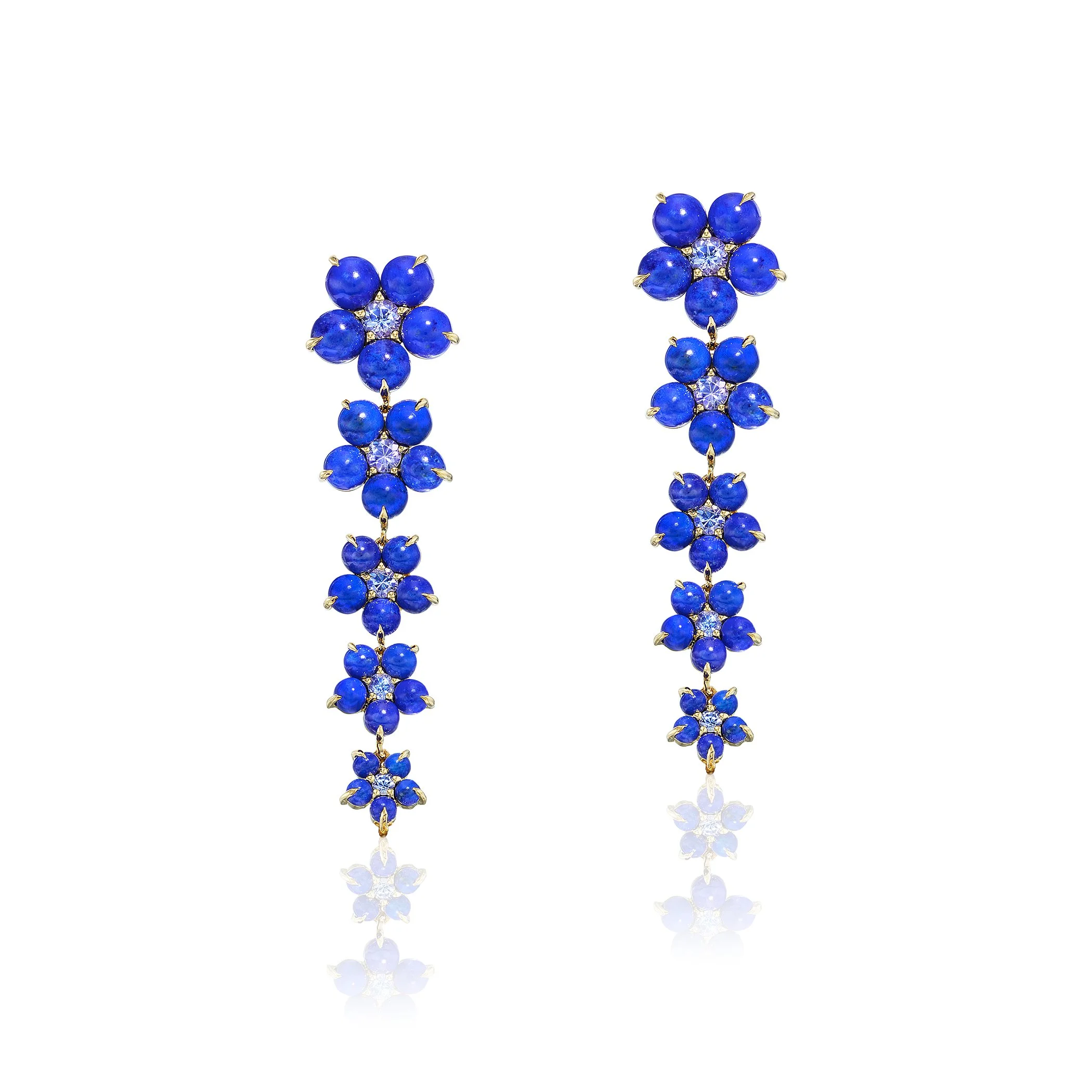 14K Yellow Gold Floral Statement Earrings with Lapis and Tanzanite
